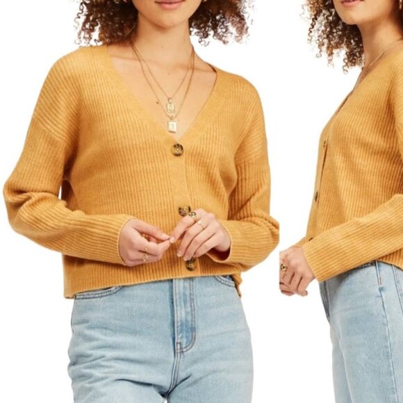 Billabong Cardigan Sweater Crop Ribbed Mustard Yellow Size SMALL - Picture 3 of 11